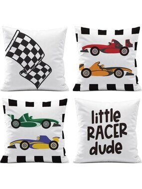 Race Car Throw Pillow Covers Set of 4, Buffalo Plaid Kids Room Decor, 18x18 Inch